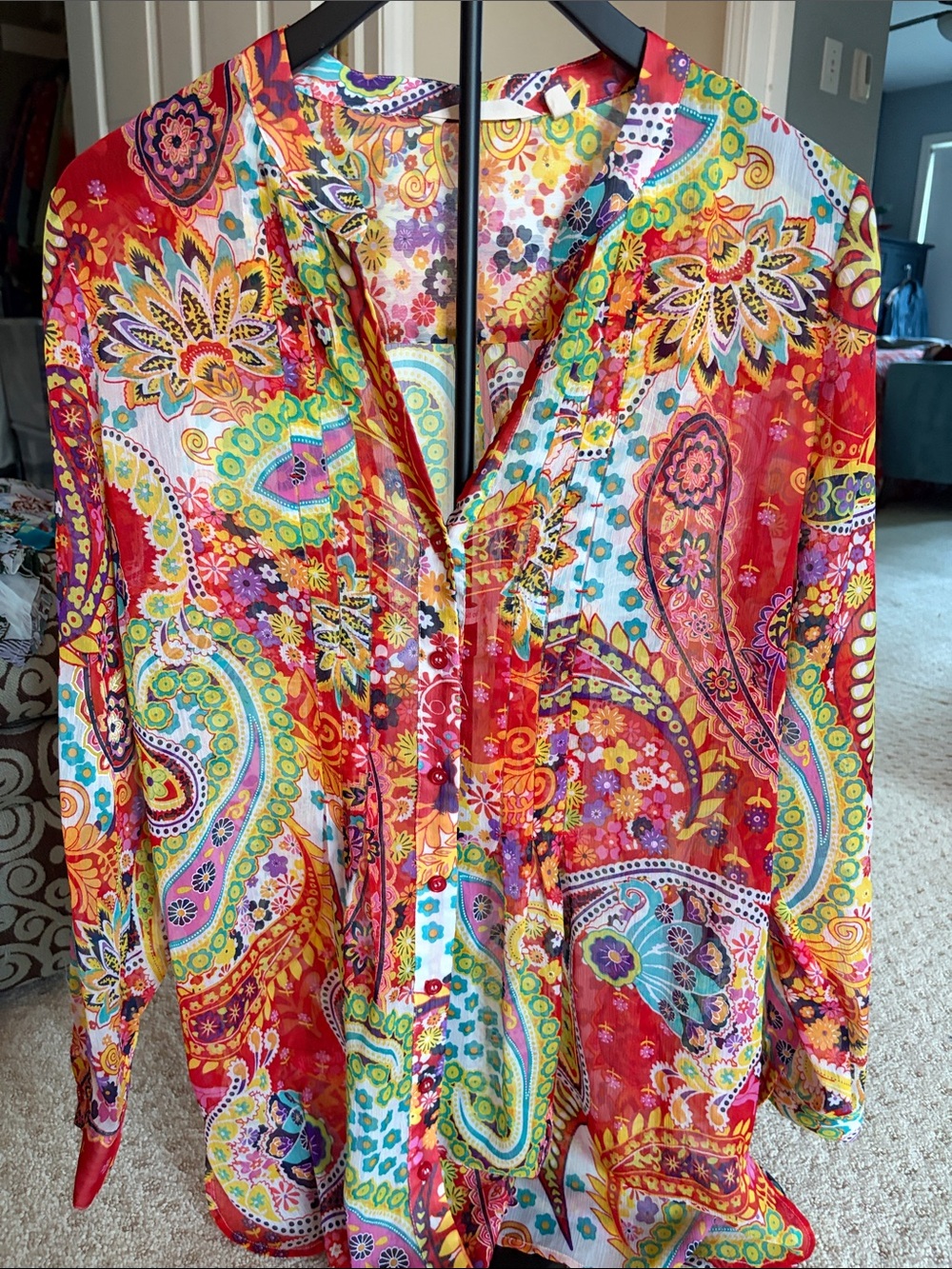 Soft Surroundings Red Multicolor Paisley Button-Front Blouse